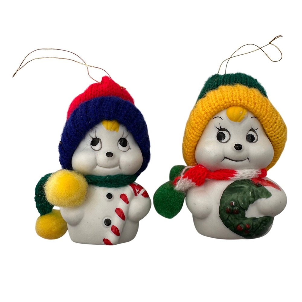 Giftco Inc Vintage Snowman Bell Ornaments Ceramic Stuffed Hat 4 Inch White Set 2